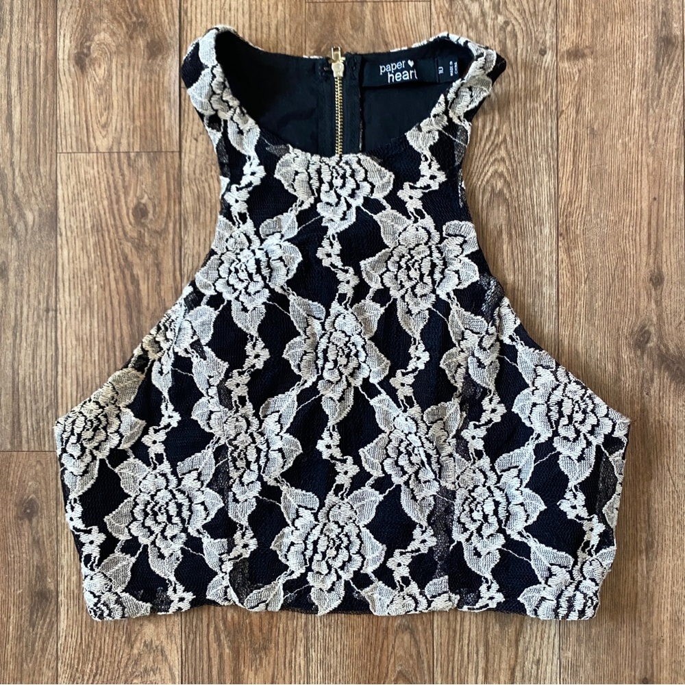 Paper Heart Floral Lace Halter Crop Top Zip Black White 10 Small Goth Fairycore